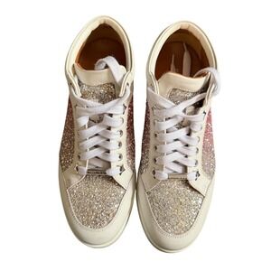 Jimmy Choo Women Pink Silver Ombre Glitter High Top Sneakers White Leather 38.5